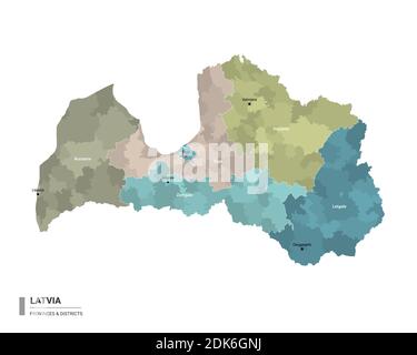 La Lettonia ha una mappa dettagliata con suddivisioni. Mappa amministrativa della Lettonia con il nome dei distretti e delle città, colorata per stati e distretto amministrativo Illustrazione Vettoriale