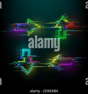 Set di frecce futuristiche in stile cyberpunk. Moderni indicatori di direzione luminosi con effetto di distorsione. Ottimo per eventi di musica elettronica promo design, giochi, banner, web. Illustrazione vettoriale Illustrazione Vettoriale