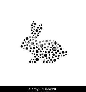 Coniglio nero fatto di macchie nere o puntini shabby isolati su bianco. Coniglio mosaico di Pasqua. Disegno vettoriale piatto. Icona isolata in bianco Illustrazione Vettoriale
