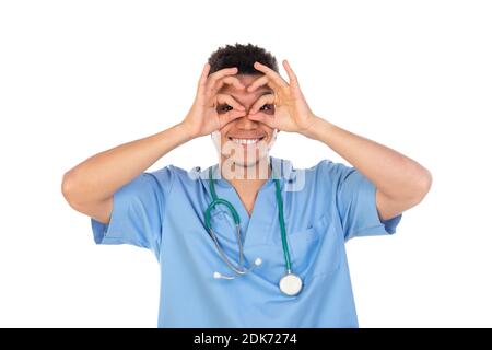 Giovane doc africana con uniforme blu isolata su un bianco sfondo Foto Stock