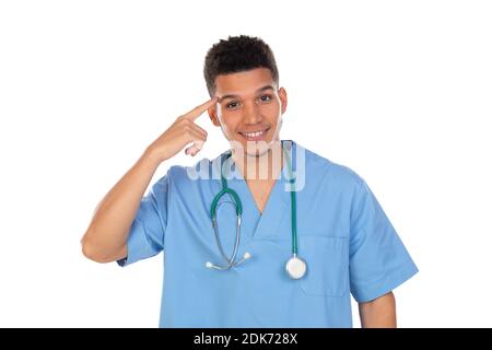 Giovane doc africana con uniforme blu isolata su un bianco sfondo Foto Stock