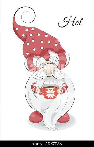 Simpatico gnome divertente con barba grande, berretto, tazza di tè, caffè, foto a mano disegno stile cartone animato, per t-shirt indossare moda stampa design, biglietto d'auguri, Illustrazione Vettoriale