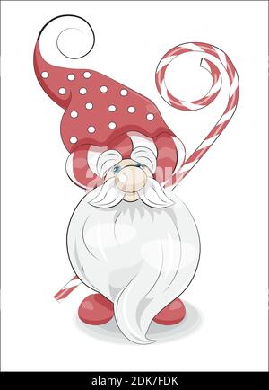 Simpatico gnome divertente con barba grande, cappuccio, lollipop, foto a mano disegno stile cartone animato, per t-shirt indossare moda stampa design, biglietto d'auguri, cartolina. Illustrazione Vettoriale