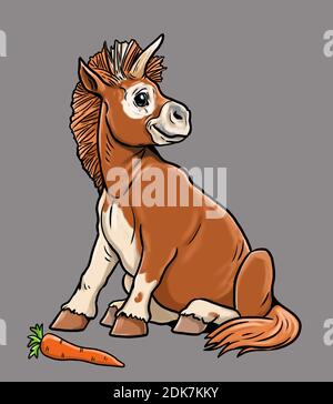 Divertente unicorno con carota. Modello per colorare i bambini e gli amanti dei cavalli. Foto Stock