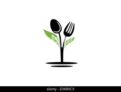 Cucchiaio forchetta con foglie verdi pianta Garden Farm logo design per il ristorante Illustrazione Vettoriale