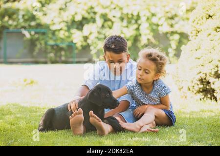 Il fratellino e la sorella carezzano un cucciolo nero di Labrador Foto Stock