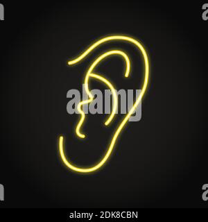 Icona dell'orecchio al neon in stile linea. Simbolo della parte del corpo umano. Illustrazione vettoriale. Illustrazione Vettoriale
