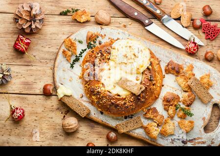 Baked camembert cheese and bread.French cheese. Stock Photo