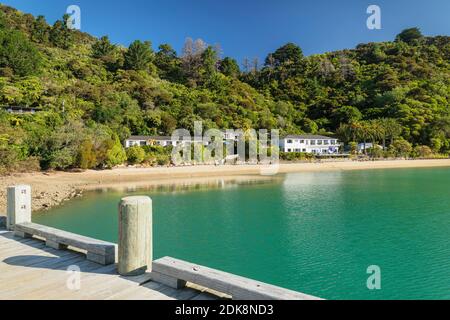 Te Mahia Bay Resort, Kenepuru Sound, Marlborough Sounds, Picton, South Island, Nuova Zelanda Foto Stock