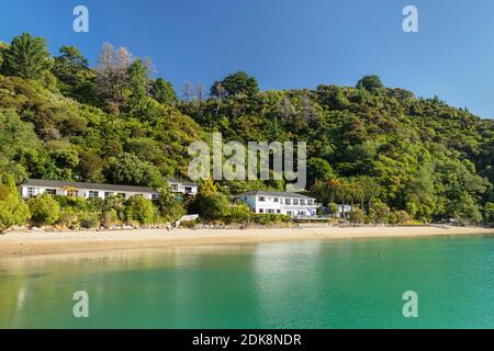 Te Mahia Bay Resort, Kenepuru Sound, Marlborough Sounds, Picton, South Island, Nuova Zelanda Foto Stock