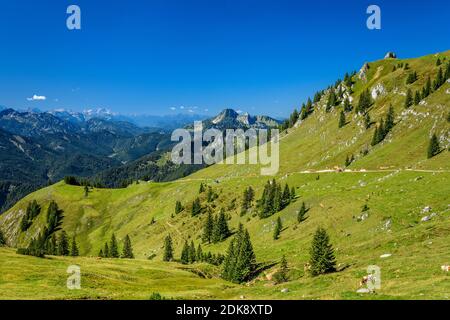 Germania, Baviera, alta Baviera, Oberland, Markt Schliersee, distretto Spitzingsee, Wildfeldalm con Kirchstein contro i Monti Wetterstein e Risserkogel, vista dal Rotwandhaus Foto Stock