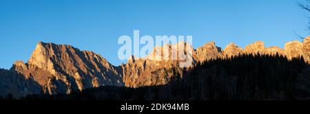 Una foresta scura di conifere di fronte alle vette svizzere un tardo pomeriggio autunnale Foto Stock