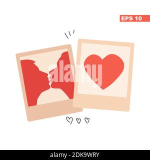 Icona di piatto vettoriale per il giorno o il matrimonio di San Valentino. Foto con cornici che baciano amanti e cuori. Immagine isolata su sfondo bianco. Per il weddin Illustrazione Vettoriale