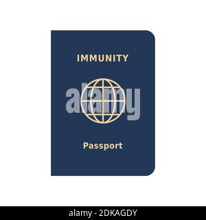 Icona passaporto immunità. Documento di viaggio come prova che una persona è immune a una malattia. Certificato privo di rischi per COVID 19. Passaporto blu su bianco Illustrazione Vettoriale