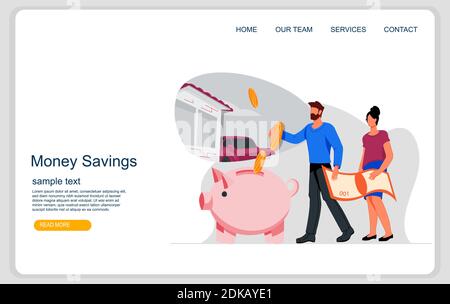 Risparmio di denaro e famiglia di pianificazione dello shopping sito web modello di interfaccia con la gente che mette monete in una rosa piggy banca. Banner Web per famiglia budget wa Illustrazione Vettoriale