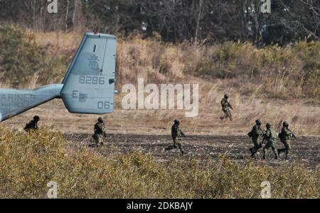 Shinto, Giappone. 15 Dic 2020. Membro della forza di autodifesa di terra del Giappone partecipa all'esercizio militare congiunto "Forest Light 21" con le Marines degli Stati Uniti nella prefettura di Gunma, Giappone, martedì 15 dicembre 2020. L'esercizio militare annuale di quest'anno si concentra sul sequestro e la difesa di terreni marittimi e isole chiave a sostegno delle operazioni navali nella difesa del Giappone. Foto di Keizo Mori/UPI Credit: UPI/Alamy Live News Foto Stock