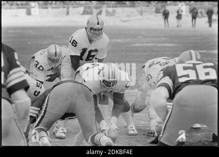 Il quarto di Oakland Raiders Jim Plunkett chiama lo scatto durante la partita tra i Cleveland Browns e gli Oakland Raiders al Cleveland Stadium il 4 gennaio 1981. Ernie Mastroianni foto Foto Stock