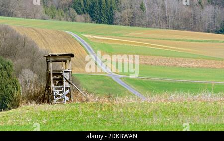 Alto sedile in legno sul bordo di un prato nella regione Burgenland, Austria Foto Stock