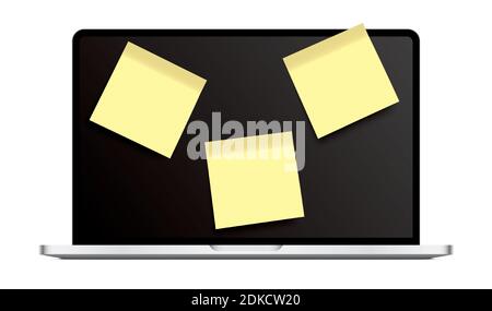 Open laptop with yellow sticky notes on the black screen, isolated on a white background. Modern notebook with To-Do list, or reminder blank notes. Illustrazione Vettoriale