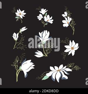 Collezione primaverile di rami in fiore magnolia per il tuo disegno, illustrazione vettoriale. Illustrazione Vettoriale