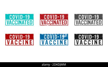 Icone di stampigliatura di covid-19 vaccinate in alcune versioni a colori. Epidemia di virus, vaccino contro COVID-19, medicina, salute e resistenza alle malattie concetto 3D re Foto Stock