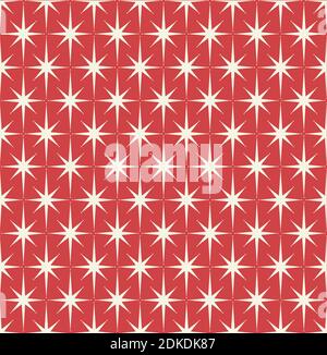 Metà del secolo moderno modello di carta da imballaggio Starburst su rosso. Ispirato all'era atomica. Ripetibile e senza giunture. Illustrazione Vettoriale