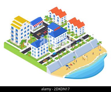 Città costiera - moderno vettore colorato illustrazione isometrica. Paesaggio urbano con un hotel, case di appartamenti, strada con auto, persone che giocano volleybal Illustrazione Vettoriale