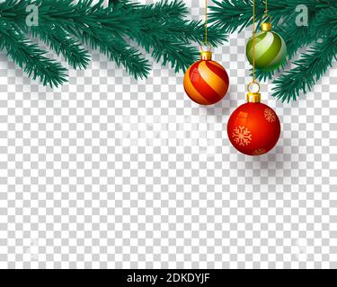 Buon Natale felice albero di Capodanno con giocattoli, carta banner sfondo trasparente. Illustrazione vettoriale Illustrazione Vettoriale