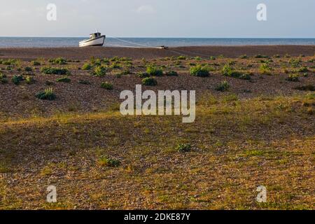 Inghilterra, Kent, Dungeness, Shingle Beach e Single Fishing Boat Foto Stock