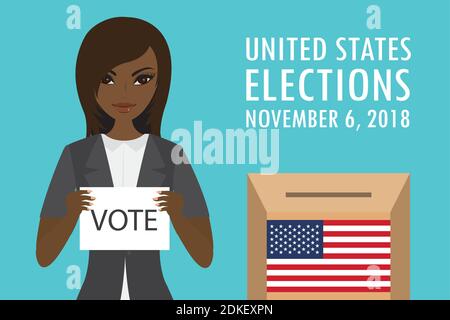 African american femmina Holding paper con testo-voto, scrutinio con bandiera usa e iscrizione -united states elections 2018, flat vector illustration Illustrazione Vettoriale