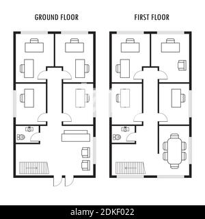 Piano terra e primo piano con mobili da ufficio business, isolato su sfondo bianco, illustrazione vettoriale Illustrazione Vettoriale