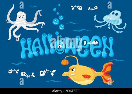 Illustrazione di Halloween con lettere e mostri. Illustrazione vettoriale. Illustrazione Vettoriale