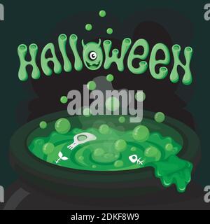 Halloween illustration, witches cauldron with the magic potion Stock Vector