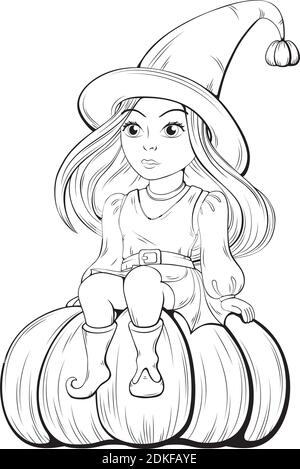 Black and white illustration. Girl in witch costume. Outline coloring on white background. Stock Vector