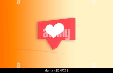 Icona tridimensionale del social network in rosso, con un cuore in bianco, su uno sfondo arancione sfumato, concetti Foto Stock