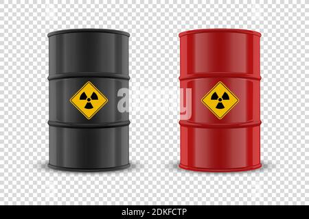 Vector 3d realistico nero e rosso smalto lucido semplice olio di metallo, combustibile, barili di benzina. Cartello di pericolo biologico, pericolo, radiazione isolato. Modello di progetto Illustrazione Vettoriale