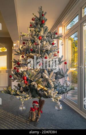 Un albero di natale artificiale ghiacciato con decorazioni e luci fiabe di fronte alle porte del patio durante l'inizio di un tramonto. Foto Stock