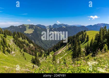 View from Wallberg to the Alps, behind Rotwand, 1884 m, Wilder Kaiser, 2344 m, Rottach-Egern, Tegernsee, Bavarian Alps, Bavaria, Germany, Europe Stock Photo