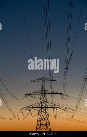 Linee elettriche, Power pole, Sunset, Wolmirstedt, Sassonia-Anhalt, Germania Foto Stock