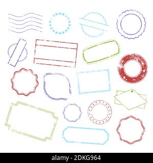 Set di modelli vuoti retrò di francobolli e bordi, grunge postmark in vecchio stile Illustrazione Vettoriale