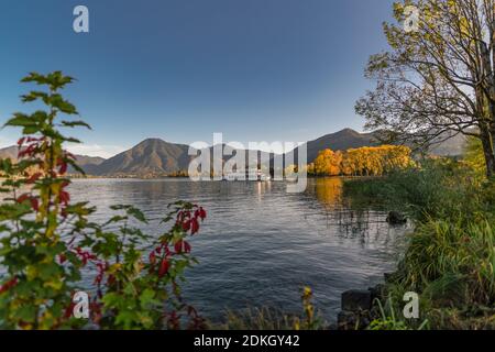 Un bellissimo lago dietro alcuni autunno piante colorate con una montagna in background. Foto Stock