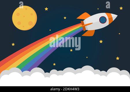 Il razzo vola nello spazio ed emette fumo nei colori dell'arcobaleno. Spazio di copia per il disegno o il testo. Illustrazione vettoriale piatta Illustrazione Vettoriale