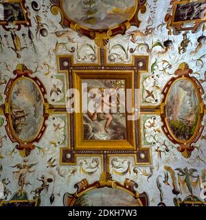 Castello rinascimentale italiano di Torrechiara. Cesare Baglione 1550 - 1615. Titolo dell'opera. Sala grottesca affrescata Sala dei Paesaggi primi del 17 ° secolo. Foto Stock