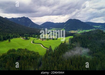Aerial view, morning, Alm, Alps, Ramsau, Berchtesgaden, Bavaria, Germany, Europe Stock Photo