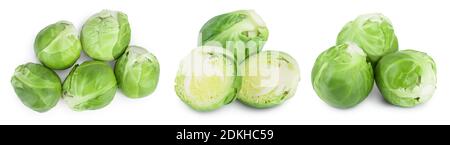 Bruxelles germogli e mezzo isolato su sfondo bianco con percorso di ritaglio e piena profondità di campo. Set o raccolta. Foto Stock