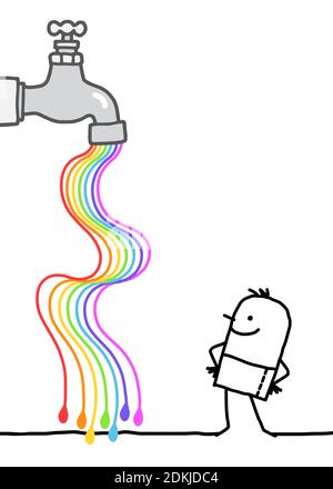 Uomo di cartone felice disegnato a mano guardando un rubinetto con arcobaleno Flusso dell'acqua Illustrazione Vettoriale