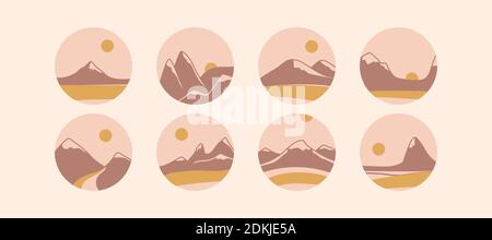 Montagne e montagna, sole e strada. Set di icone o logo rotondi dei social media. Modelli astratti vettoriali disegnati a mano per storie. Adesivi per design, Illustrazione Vettoriale