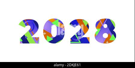 Il concetto dell'anno 2028 scritto in forme retrò colorate e colori illustrazione. Foto Stock