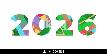 Il concetto dell'anno 2026 scritto in forme retrò colorate e colori illustrazione. Foto Stock