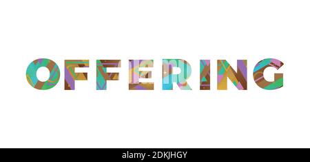 The word OFFERING concept written in colorful retro shapes and colors illustration. Stock Photo